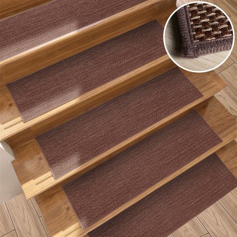 Marches d'escalier en moquette imitation lin, tapis de marches d'escalier auto-adhésif, tapis d'escalier antidérapants, 76 x 20 cm, 15 pièces (marron) (1/5)