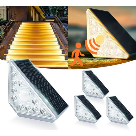 Lot de 4 lampes solaires d'escalier d'extérieur avec détecteur de mouvement, lumière blanche chaude, éclairage solaire d'escalier, IP44 étanche, 800 mAh, pour jardin, escalier, terrasse, porte (1/5)