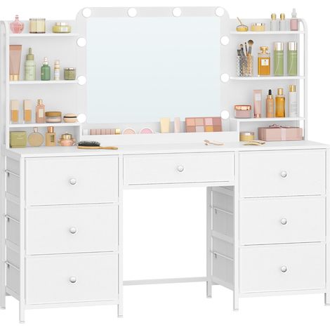 Coiffeuse avec éClairage LED, Coiffeuse avec Grand Miroir HD, 7 Tiroirs et 6 éTagèRes de Rangement, Dressing de Chambre, Moderne Blanc
