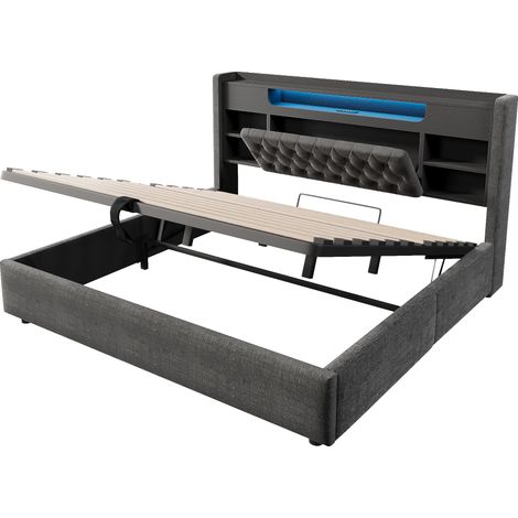 Cama canapé 180x200 cm con LED, USB-C y cabecero con estantes, lino gris, HOMVRA (1/5)