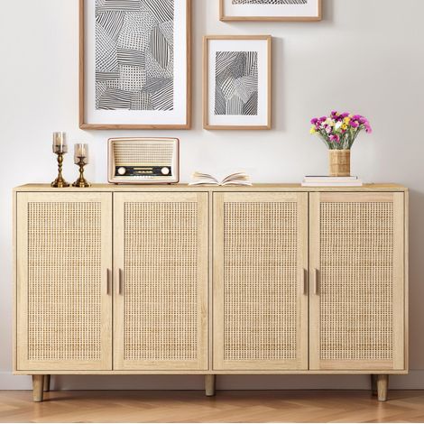 MEUBLIV Aparador de almacenaje 158 cm natural con 4 puertas de ratán y balda regulable (1/5)