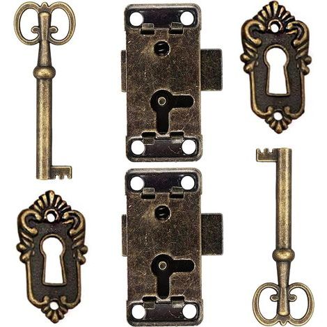 2Pcs Antique Cabinet Door Lock Furniture Lock Decorative Cupboard Latches Lock with Key Keyhole for Wooden Box Antique Jewelry Makeup Suitcase Furniture Drawer