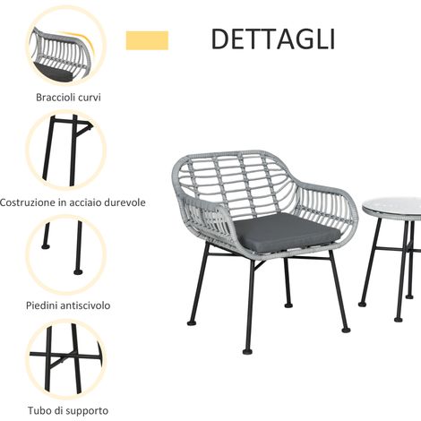 3-teiliges Gartenmöbelset aus PE-Rattan, Lounge-Set für den Außenbereich mit 2 Stühlen und einem Glastisch für Terrasse und Bistro, Grau