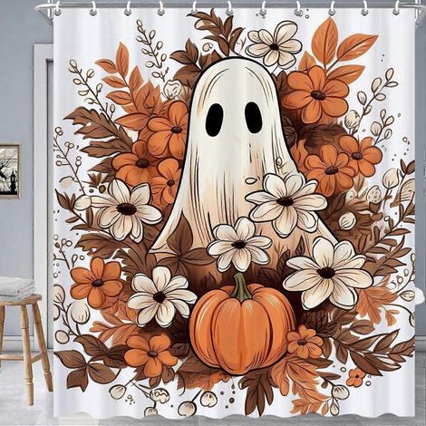 Rideau de douche citrouille fantôme d'Halloween (1 pièce), imperméable, motif floral automnal, avec 12 crochets, 183 x 183 cm. (1/5)