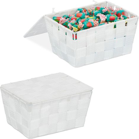 2x Cajas de almacenaje con tapa, Cesta de almacenamiento, PP, 10,5 x 19,5 x 14,5 cm, Blanco