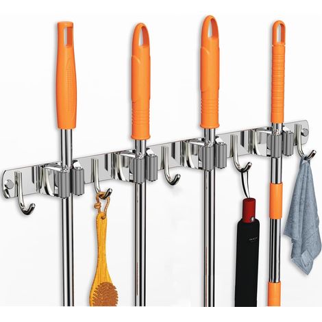 Porte-balai mural inox - 4 emplacements et 5 crochets - Fixation vis ou autocollante - Pour cuisine, salle de bain et garage - 49 cm (1/5)