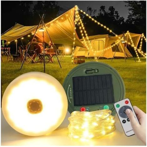Bardusch-Guirlande Lumineuse Solaire de Camping 10M Rechargeable USB-C/Solaire - 8 Modes d'Éclairage, Télécommande, Minuterie, 12H Autonomie, IP44, Léger 270g - Blanc Chaud pour Tente, Jardin, Randonn