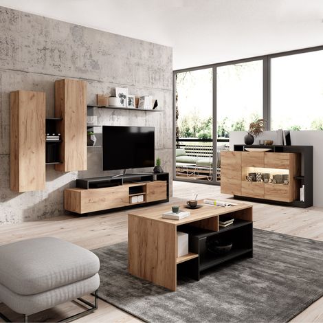 Parete Attrezzata Kamotiba, Mobile Soggiorno Modulabile, 12 Ripiani, 20 Vani, Marrone Rovere (1/5)