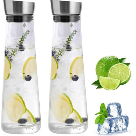 2 Carafe en verre, 1 litre, acier inoxydable, joint silicone, eau chaude froide, jus, thé glacé (1/5)