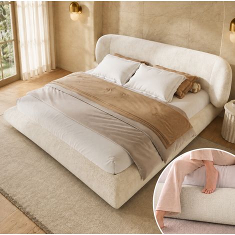 Letto matrimoniale 160x200 cm in ciniglia beige con testiera - senza materasso - MEUBLIV (1/5)