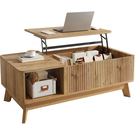 Höhenverstellbarer Couchtisch, naturbelassenes Holz, Wellenmuster, offene Staufächer an den Seiten, höhenverstellbare Tischplatte, multifunktionales Wohnzimmermöbel, 95 L x 48 B x 50 H (cm)