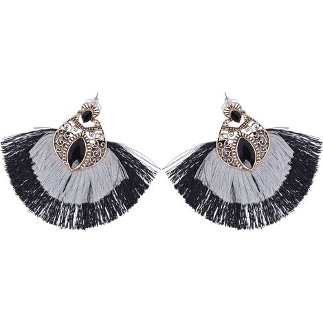 1 Pair Retro Alloy Double Tassel Fanshaped Earring Ethnic Eardrop for Women Girls Black Gray (1/5)