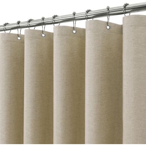 Rideau de Douche Lin avec Anneaux en Métal Imperméable Anti-Moisissures Polyester Tissu Rideau Salle de Bain Lourd pour Baignoire Cabine de Douche - 275x182CM (Taupe) (1/5)