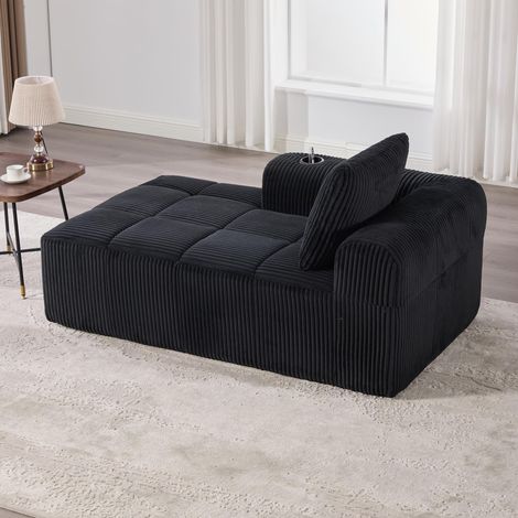 Canapé inclinable moelleux en velours côtelé, sans assemblage. Dossier avec coussins, poche de rangement latérale et porte-gobelet intégrés, design soigné et esthétique.
