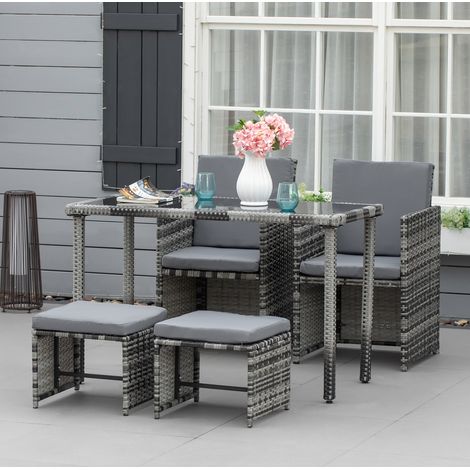 Salon de jardin 5 pièces en polyrattan gris avec coussins, table 120 x 60 x 75 cm, REDOM (1/5)