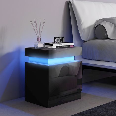 Table chevet nuit LED RVB haute brillance 2 tiroirs salon chambre noir pratique (1/5)
