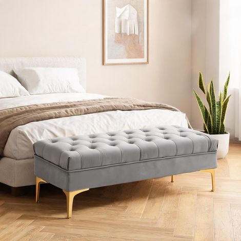 Banc de rangement en velours gris clair avec pieds dorés en bois (1/5)