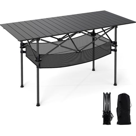 COSTWAY Tavolo da Campeggio Pieghevole, Tavolo da Picnic Portatile con Piano in Alluminio Arrotolabile, Cestello in Rete, Borsa da Trasporto per Giardino Spiaggia Pesca, Portata 100 kg (Nero) (1/3)