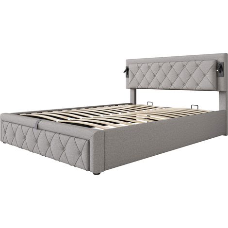 Cama arcón tapizada 160 x 200 cm con LED, USB y somier de láminas, gris MODENUIT (1/5)