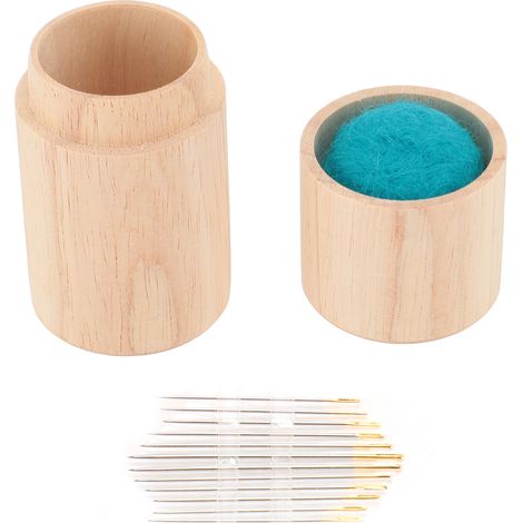Astuccio in legno per aghi, puntaspilli, grande capacità, multifunzionale, portatile, con aghi da ricamo, blu-verde (1/5)