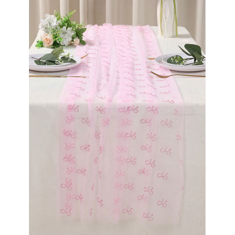 rosa Tischläufer mit Schleife (75–180 cm), Chiffon-Tischdecke, rosa Dekoration für Geburtstag, Hochzeit, Party, Brautparty, Tischdekoration im Esszimmer (1/5)