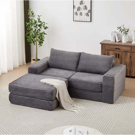 Divano letto modulare in tessuto corduroy grigio, con pouf rimovibile, braccioli quadrati classici (1/5)