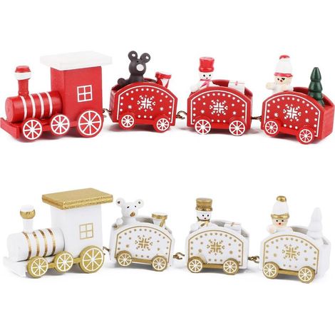 2pcs Petits Train de Noël en Bois Ornement Pendentif Train Caravane Forme Bonhomme de Neige Père Noël Créatif Cadeau Décoration pour Artisanat Table Maison Jardin Fête Nouvel an Rouge Blanc (1/5)
