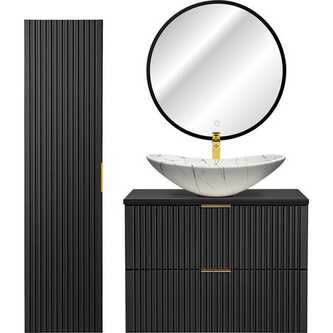 Badmöbel Set mit 81cm Waschtisch, Hochschrank, LED-Spiegel und Keramik-Waschbecken, schwarz matt gerillte Front, ADELAIDE-56-BLACK, B/H/T ca. 130/200/46,5 cm (1/5)
