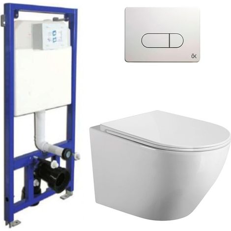 Pack wc ok Suspendido Blanco Brillo Rimless con Cisterna Empotrada y Pulsador Blanco