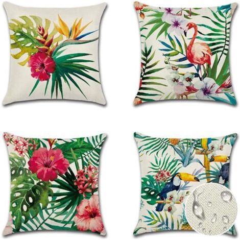 Sollbry Housse de Coussin 45 x 45 cm Fleurs, Oiseaux, Animaux et Plantes Motif Taie d'oreiller Imperméable pour Canapé Maison Salon Chambre Décoration 4 pièces (Plantes Tropicales, Fleurs et Oiseaux)