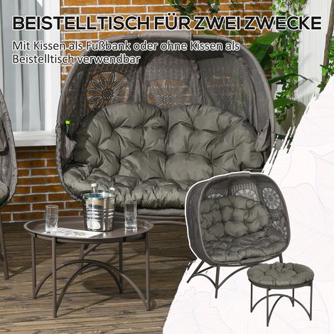 Ensemble de salon de jardin pliable 2 fauteuils rotin avec table basse, coussins d'assise, structure métallique, teinte sable