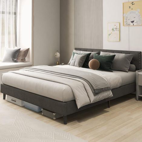 COSTWAY Telaio del Letto a Piattaforma Imbottito, Struttura Letto Moderna con Testiera, Piattaforma Letto con Doghe in Legno, Carico Massimo 450kg (200 x 180 cm) (1/5)