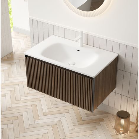 Mueble lavabo mural 80x46x40 cm en contrachapado marrón, lavabo cerámico – MEUBLIV (1/5)