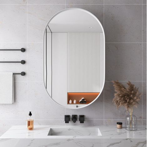 Armoire à miroir ovale blanche en métal avec étagères réglables et rangement mural ou encastré (1/5)