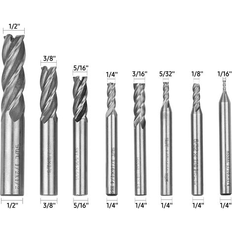 Frese in acciaio rapido, set da 8, da 1,5 a 12,7 mm, 4 taglienti, utensile per scanalatura HSS, punta da trapano con gambo cilindrico CNC (1/5)