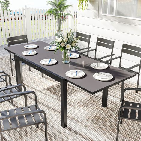Tavolo da Giardino Allungabile per 8-10 Persone con Piano in Vetro Temperato, in Alluminio, 140/240x90 cm, Nero