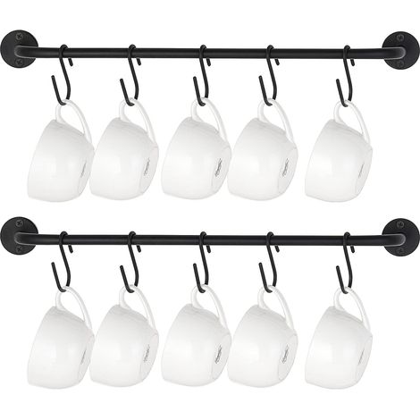 Set di 2 moderni portabicchieri da caffè in metallo da parete con 10 ganci rustici per utensili da cucina, sala da pranzo, bar, nero (1/5)