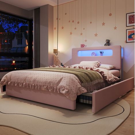 Lit rembourré enfant 140x200 cm rose en velours avec 4 tiroirs et éclairage LED (1/5)