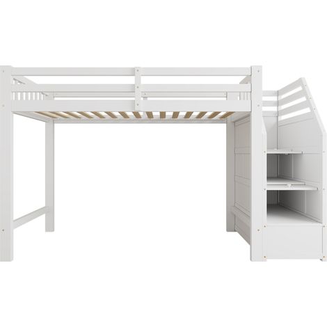 Letto a castello 90x200 cm in pino bianco con scala contenitore e sponde (1/5)