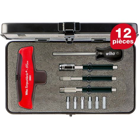 Wiha Jeu de tournevis dynamométriques avec manche en T TorqueVario®-S T jeu mixte de 12 pcs à couple limité à réglage variable 5-14 Nm y compris un coffret (29234)