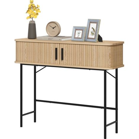 Console meuble, table console avec portes coulissantes à lattes et pieds en acier, pour salon, chêne et noir (1/5)