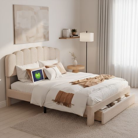 Polsterbett 140 x 200 cm, Doppelbett mit USB-Ladestation, modern Jugendbett mit verstellbarem Kopfteil und Stauraum, Bettgestell mit Lattenrost, Teddystoff Beige, Ohne Matratze