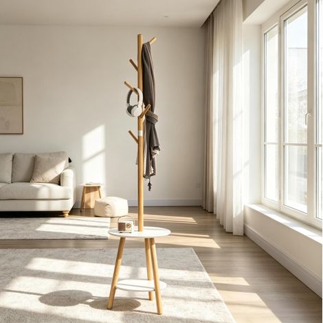 Perchero de pie (39.5x39.5x171 cm), con 5 ganchos y estante redondo, bambú y MDF, natural y blanco (1/5)