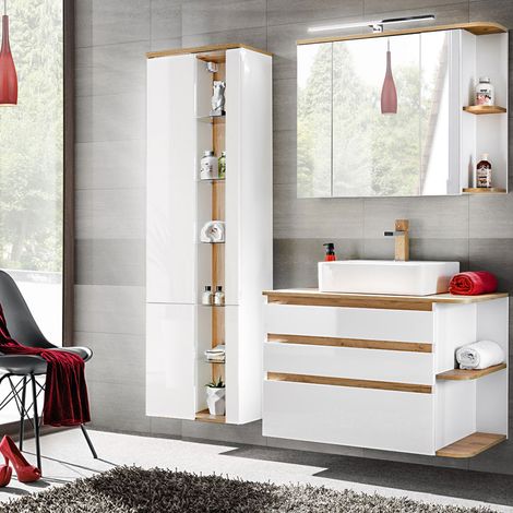 Badmöbel-Set mit Keramik-Waschtisch CAMPOS-56, Hochglanz weiß mit Wotaneiche, B/H/T: ca. 154/200/50 cm (1/5)