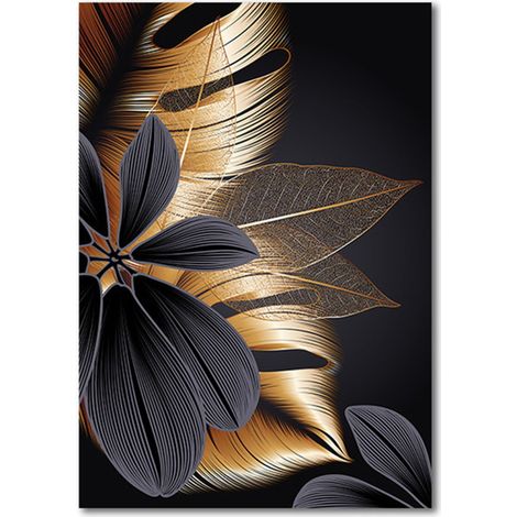 Tableau En Toile Feuilles Abstraites - Toile Lin - Or Et Noir - Décoration Murale Pour Salon Chambre À Coucher Salle À Manger - 1 Pièce (1/5)
