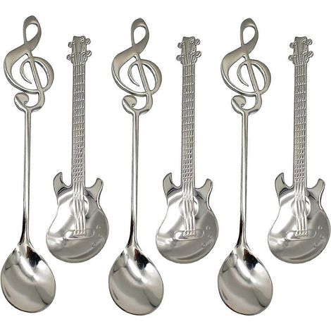 Ensemble de 6 cuillères à musique en acier inoxydable 18/10304, motif notes de guitare. Idéales pour mélanger le café, les boissons, les milkshakes et la confiture. (1/5)