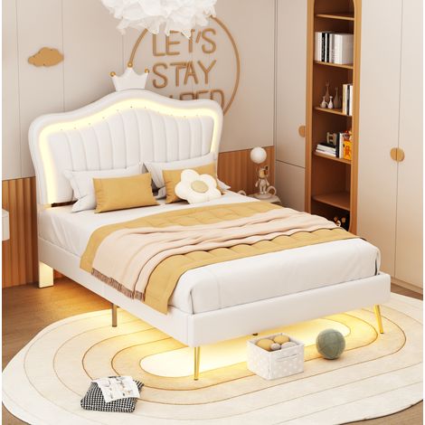Lit enfant rembourré en simili cuir blanc 90x200 cm avec LED, sommier à lattes inclus (1/5)