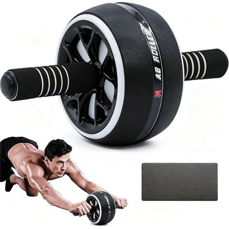 Roue abdominale pour homme et femme, roue abdominale d'exercice fitness pour gym et maison, équipement d'entraînement de musculation avec genouillère (blanc et noir) (1/5)