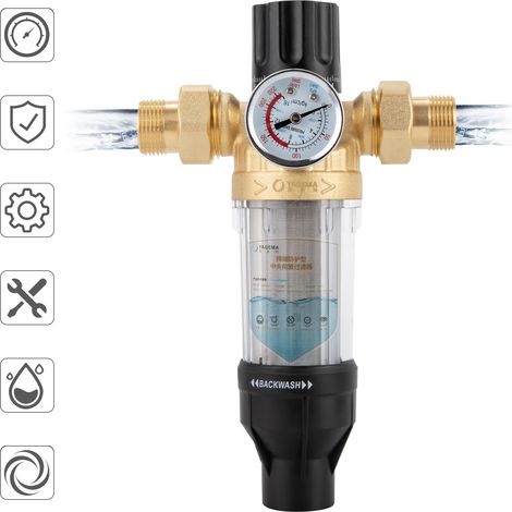 Wiederverwendbarer fließender Feinfilter, Leitungswasserfilter, Wasserfilter, Vorfilter Sedimentfilter für Brunnenwasserschlauch Sedimentfilter (1/2 Zoll Druckmesser für flexible Verbindung)