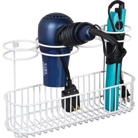 porte sèche-cheveux pour fixation murale – idéale pour rangement sèche-cheveux et porte-lisseur – étagère murale en métal avec 4 supports annulaires et 1 grand panier de rangement – blanc (1/5)